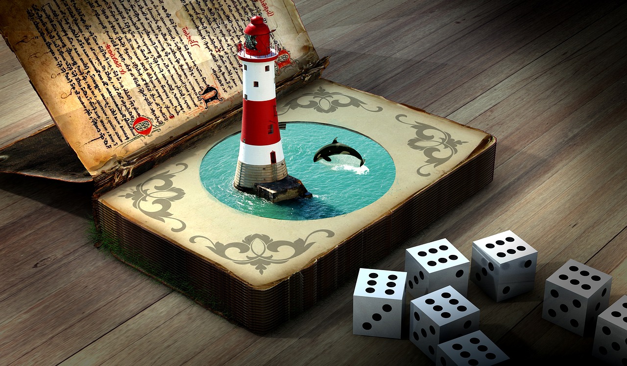 lighthouse, dolphin, dice